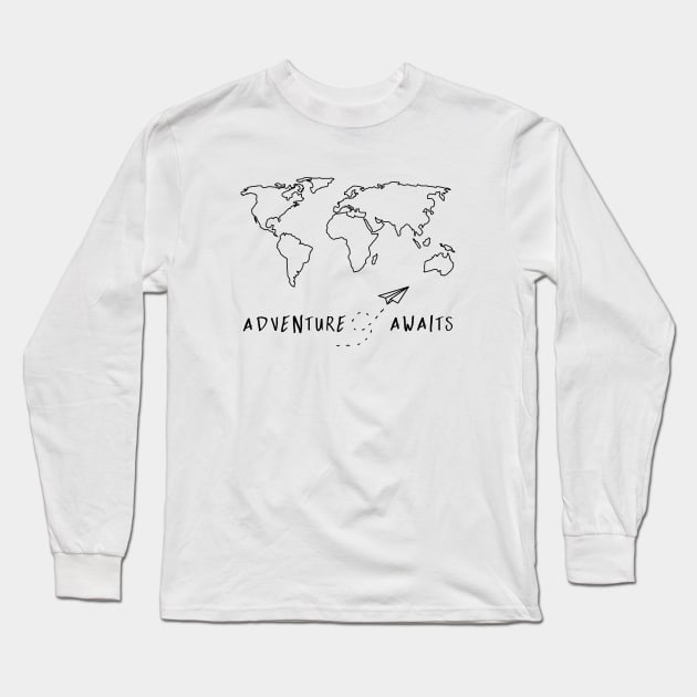 Adventure Awaits Map - Black Minimal Long Sleeve T-Shirt by Cascadia by Nature Magick